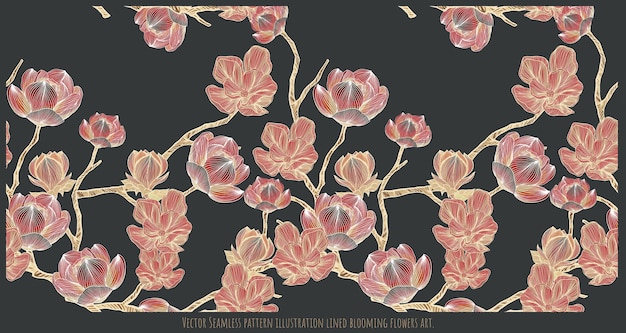 Ilustración de patrones sin fisuras de vector forrado de arte de flores florecientes