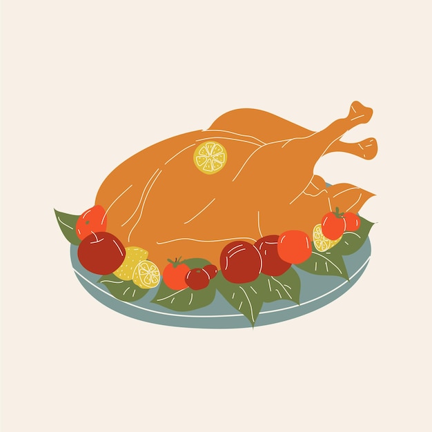 Ilustración de pavo al horno para el día de acción de gracias. Vector en estilo de dibujos animados.