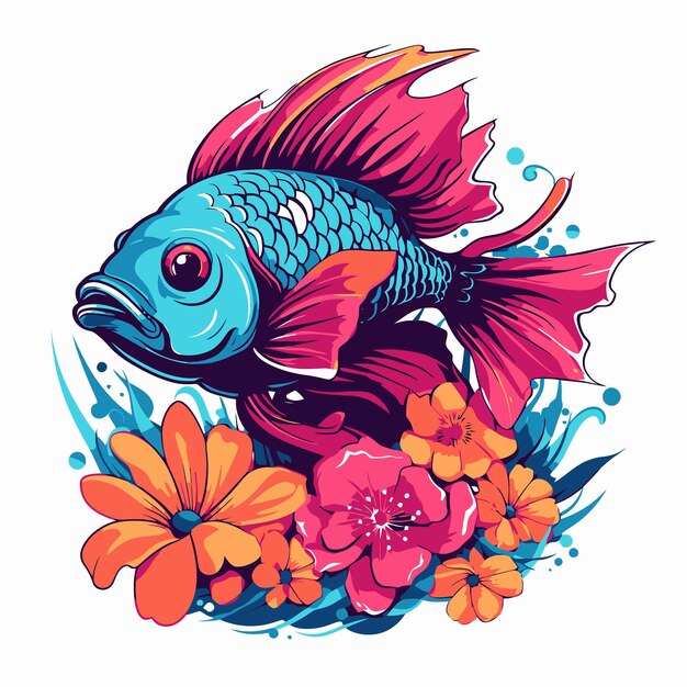 Vector ilustración de peces y flores