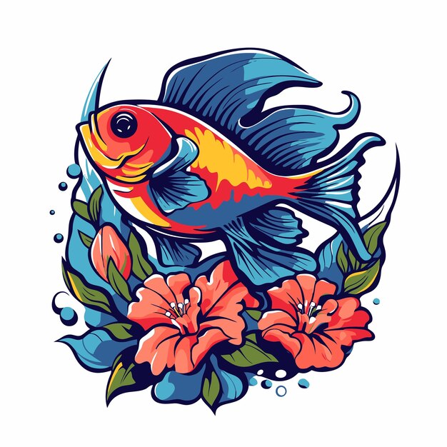 Vector ilustración de peces y flores