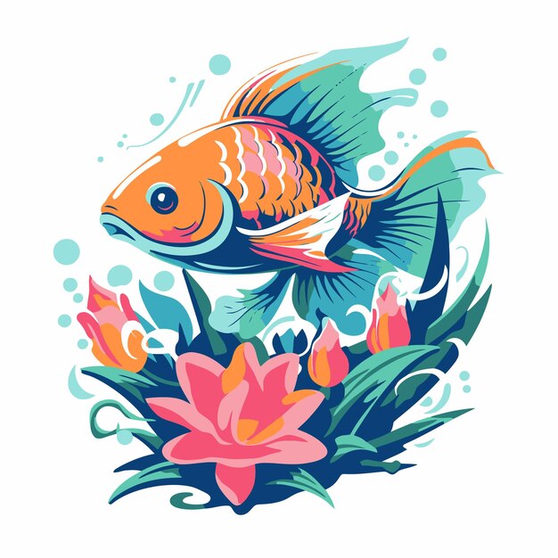 Vector ilustración de peces y flores