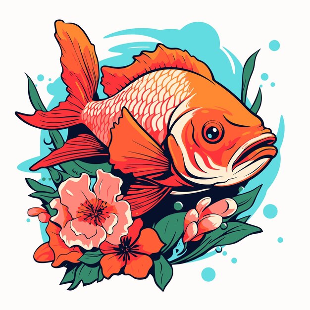 Vector ilustración de peces y flores