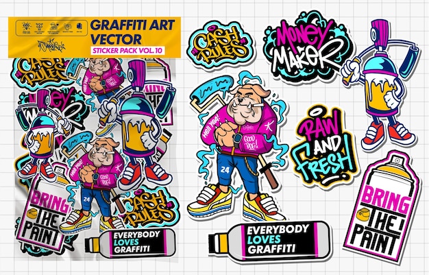Ilustración de pegatina vectorial de arte graffiti Conjunto de diseño vectorial de paquete de pegatinas en colores vibrantes