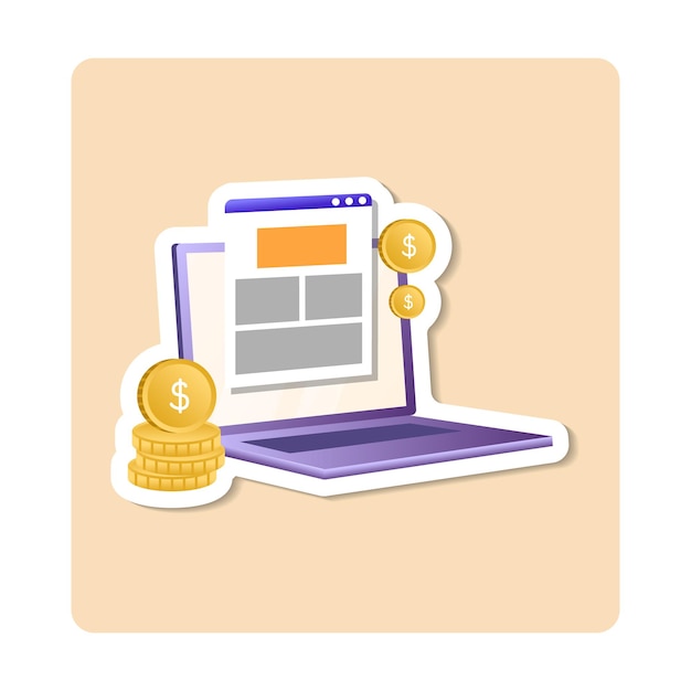 Ilustración de pegatinas de artículos pagados pantalla de la página de monedas de la computadora portátil