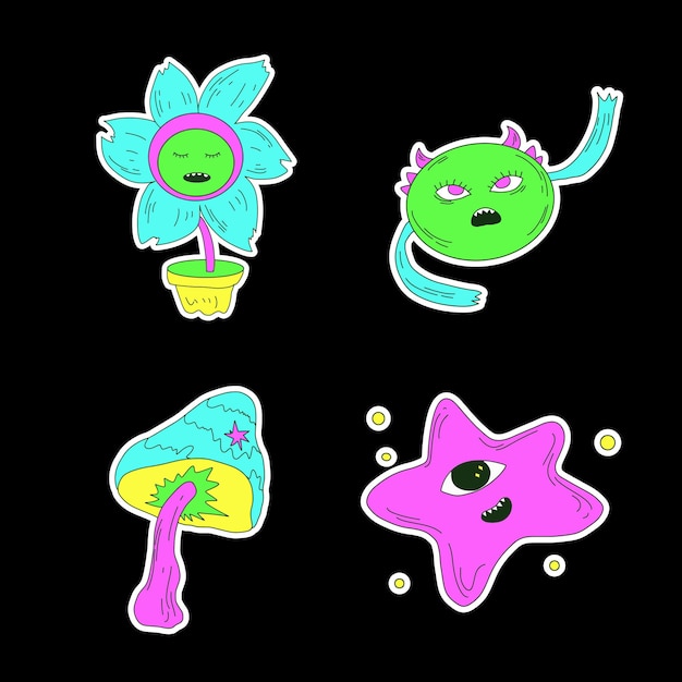 Ilustración de pegatinas psicodélicas vibrantes