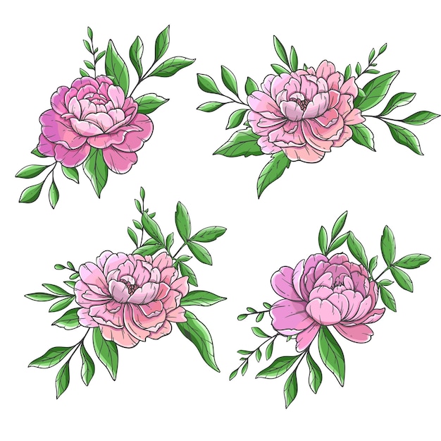 Ilustración de la peonía rosa aislada en blanco Retrato a mano de los ramos de peonía Diseño floral Invitación de boda