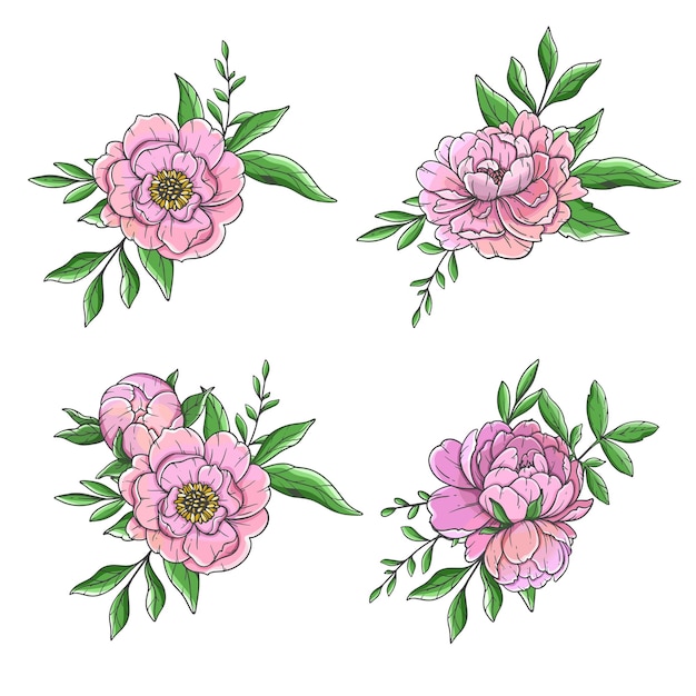 Ilustración de la peonía rosa aislada en blanco Retrato a mano de los ramos de peonía Diseño floral Invitación de boda