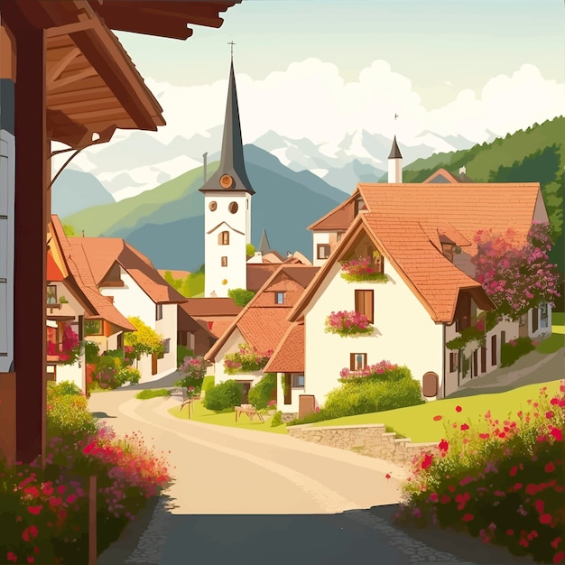 Ilustración de una pequeña ciudad rural suiza