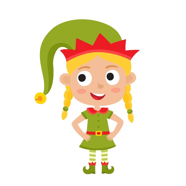Ilustración de la pequeña elfa rubia de Navidad sonriendo aislado en blanco