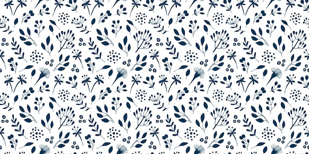 Ilustración de pequeñas flores y hojas con patrón floral sin costuras