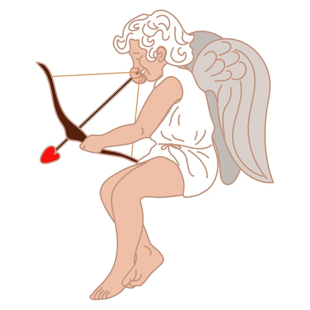 Una ilustración de un pequeño cupido con un arco y una flecha que apunta a un niño pequeño con alas vuela
