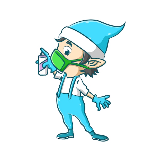 La ilustración del pequeño elfo está usando la máscara verde y sosteniendo el aerosol desinfectante para proteger su cuerpo.