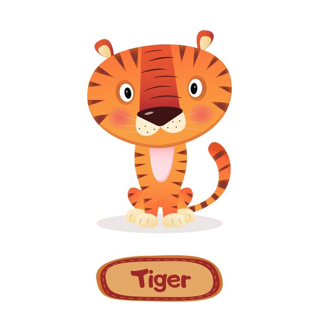 Ilustración de un pequeño y lindo tigre con texto de firma en fondo blanco