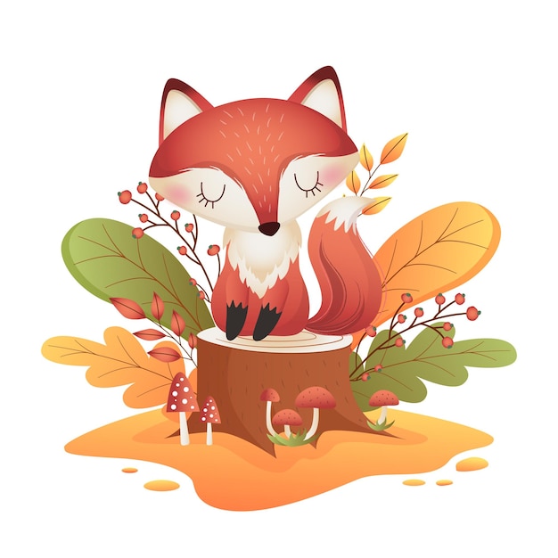 Ilustración de un pequeño y lindo zorro rojo de otoño con hojas en fondo blanco