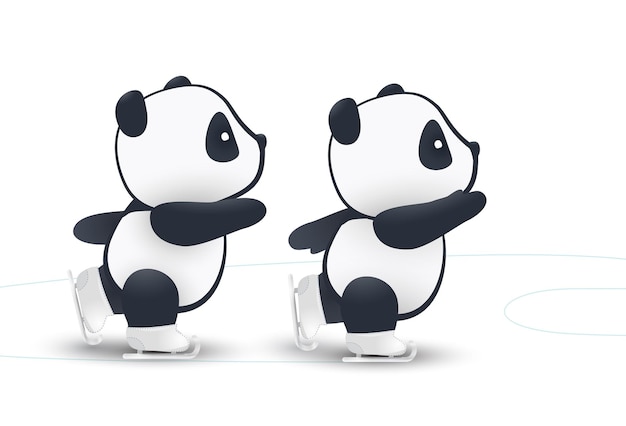 Ilustración, pequeño panda divertido patinaje sobre hielo aislado conjunto de fondo blanco