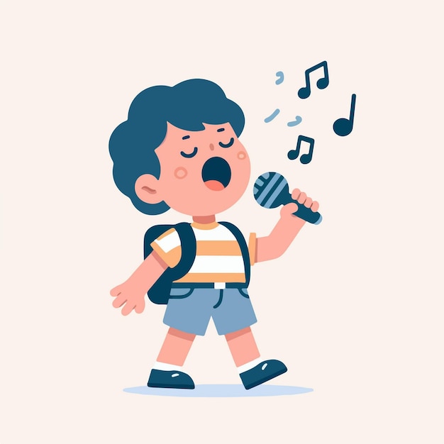 Ilustración de un pequeño personaje infantil cantando plano y diseño vectorial