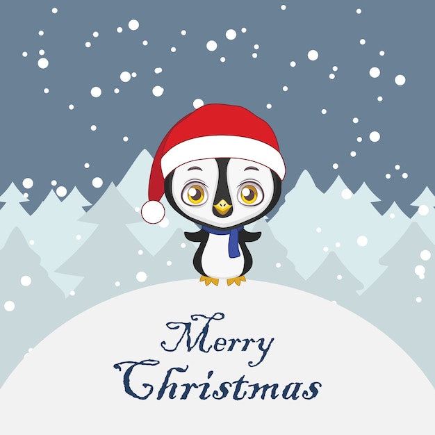 Ilustración de un pequeño pingüino lindo en un fondo nevoso