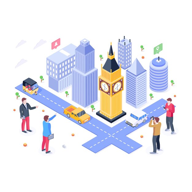 Una ilustración perfecta de una ciudad moderna con edificios y vehículos viales.
