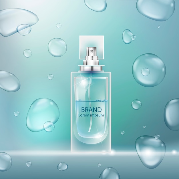 Vector ilustración de un perfume de estilo realista en una botella de vidrio con burbujas.