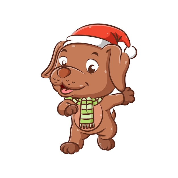 La ilustración del perrito con el sombrero de Navidad y el mantón verde está caminando con la cara feliz