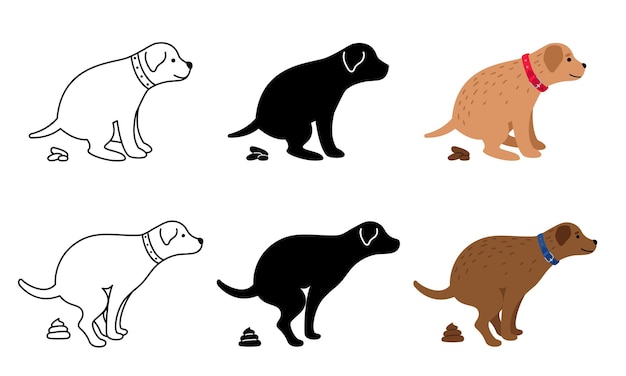 Ilustración de perro cagando. imágenes prediseñadas de caca de perros, heces de mascotas y siluetas de perros aislados en blanco