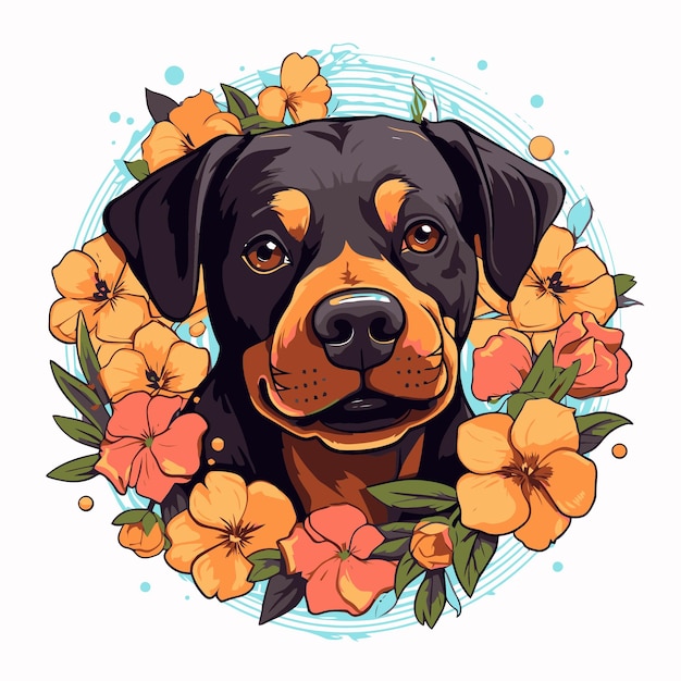 Vector ilustración de perro y flores.