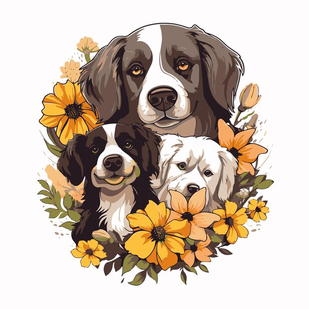 Vector ilustración de perro y flores.