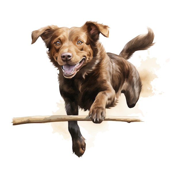 Una ilustración de un perro marrón saltando después de un palo