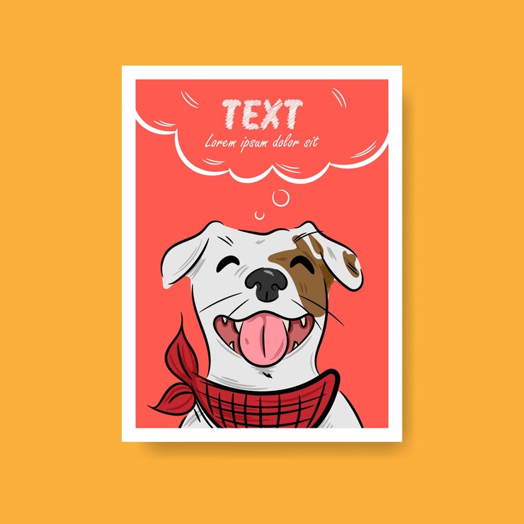 Ilustración de un perro mascota feliz y sonriente con un punto en el ojo y una bandana roja