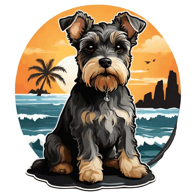 Ilustración de un perro mini schnauzer en la playa