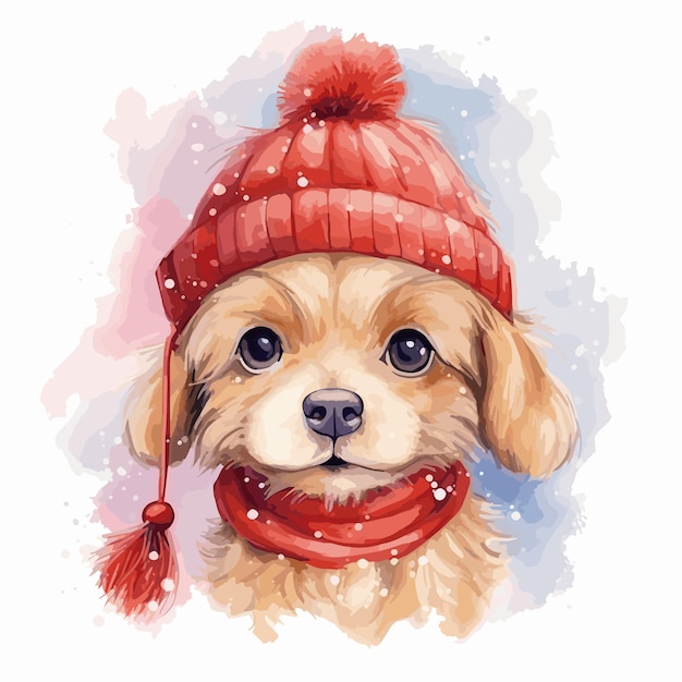 Vector ilustración de perro navideño con sombrero de santa estilo acuarela