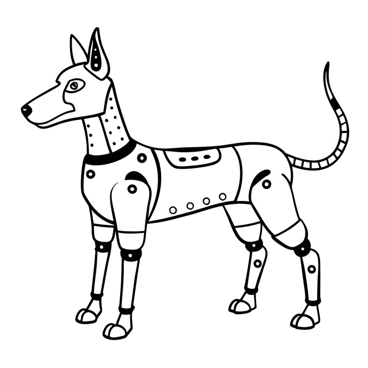 Vector ilustración de perro robótico diseño en blanco y negro con características mecánicas y tema tecnológico