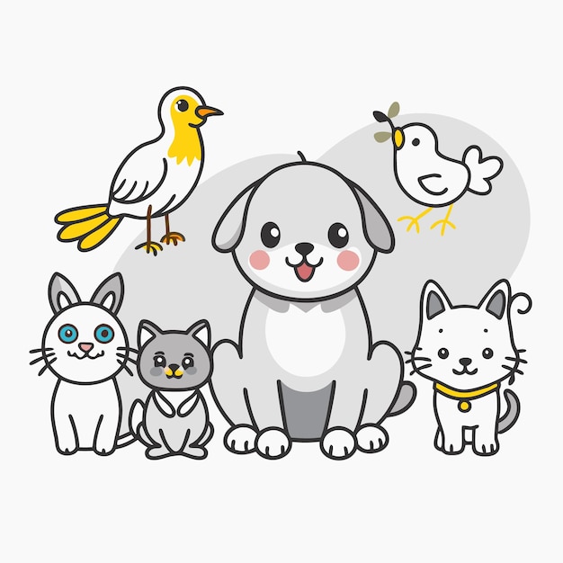 Ilustración de perros, gatos y pájaros de dibujos animados