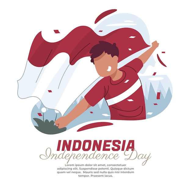 Ilustración de una persona corriendo agitando la bandera de Indonesia