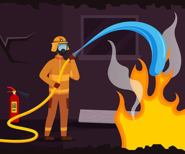 ilustración de una persona con un extintor en llamas ilustración de un fuego en llamas