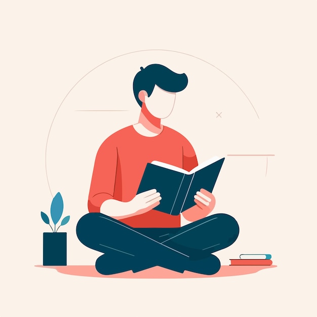 Ilustración de una persona leyendo un libro en un estilo de diseño plano simple