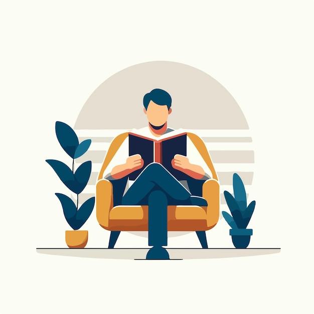 Ilustración de una persona leyendo un libro en un estilo de diseño plano simple