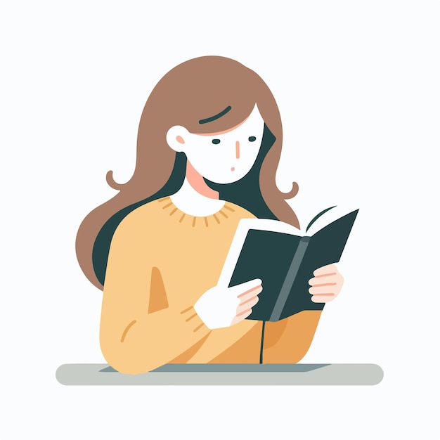 Ilustración de una persona leyendo un libro en un estilo de diseño plano simple