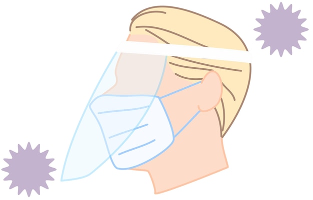 Ilustración de una persona con una máscara y un protector facial rodeada de coronavirus