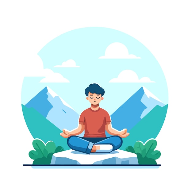 Vector ilustración de una persona meditando en una montaña