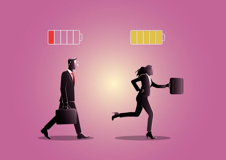 Vector ilustración de una persona de negocios llena de energía y cansada. batería cargada y descargada