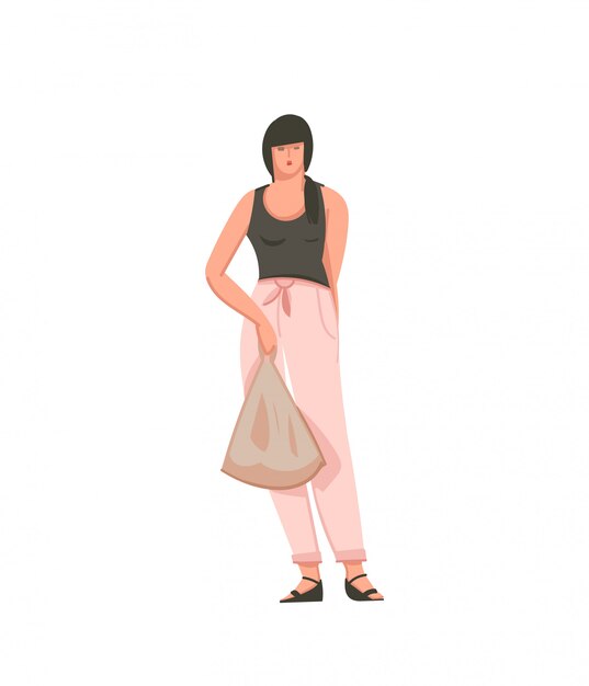Ilustración con persona niña con bolsa de basura cero aislada sobre fondo blanco