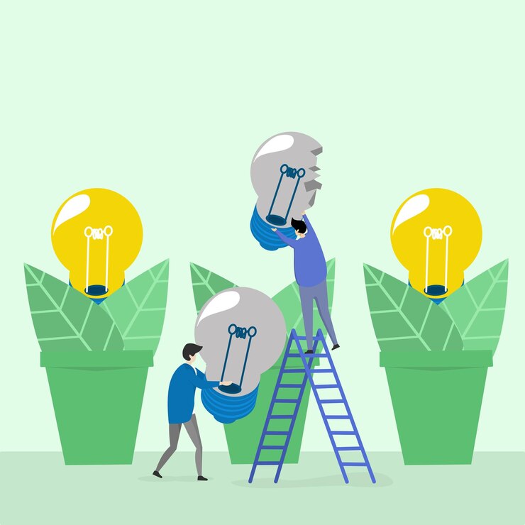 Vector ilustración de una persona reemplazando una lámpara rota como símbolo de una idea