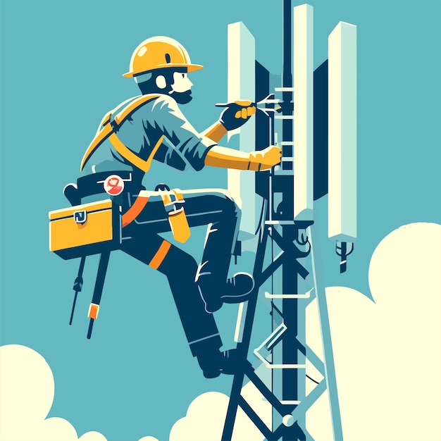 Vector ilustración de una persona subiendo a una torre para reparar una antena de red