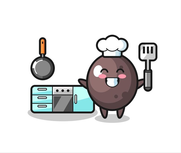 Ilustración de personaje de aceituna negra mientras un chef está cocinando