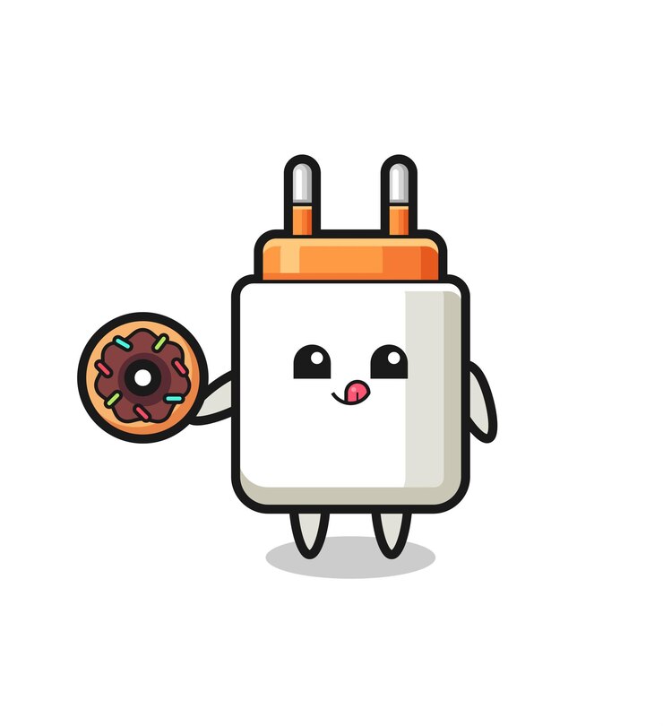 Vector ilustración de un personaje de adaptador de corriente comiendo una rosquilla