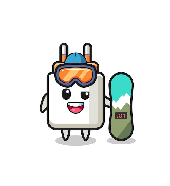 Ilustración del personaje del adaptador de corriente con un lindo diseño estilo snowboard