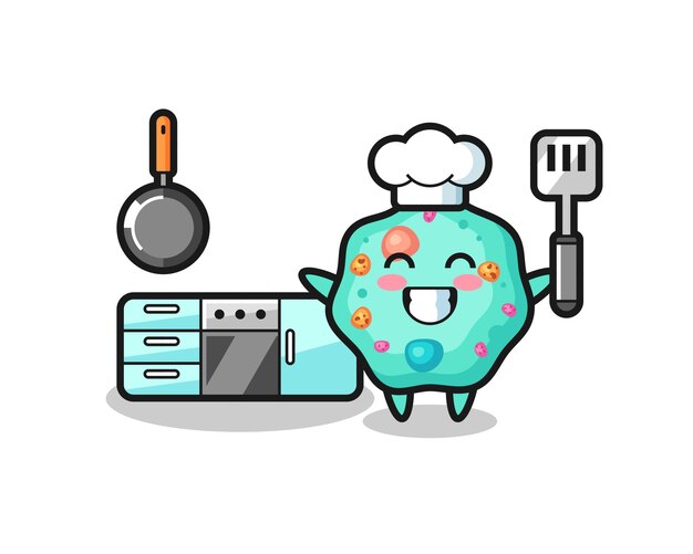 Ilustración de personaje de ameba mientras un chef está cocinando