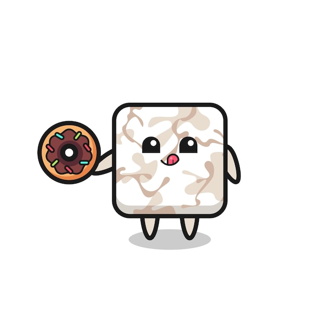 Ilustración de un personaje de baldosas de cerámica comiendo un donut