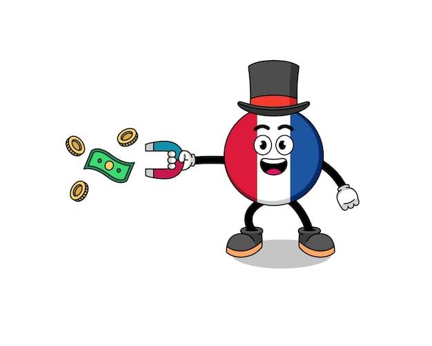 Ilustración de personaje de la bandera de Francia atrapando dinero con un diseño de personaje de imán